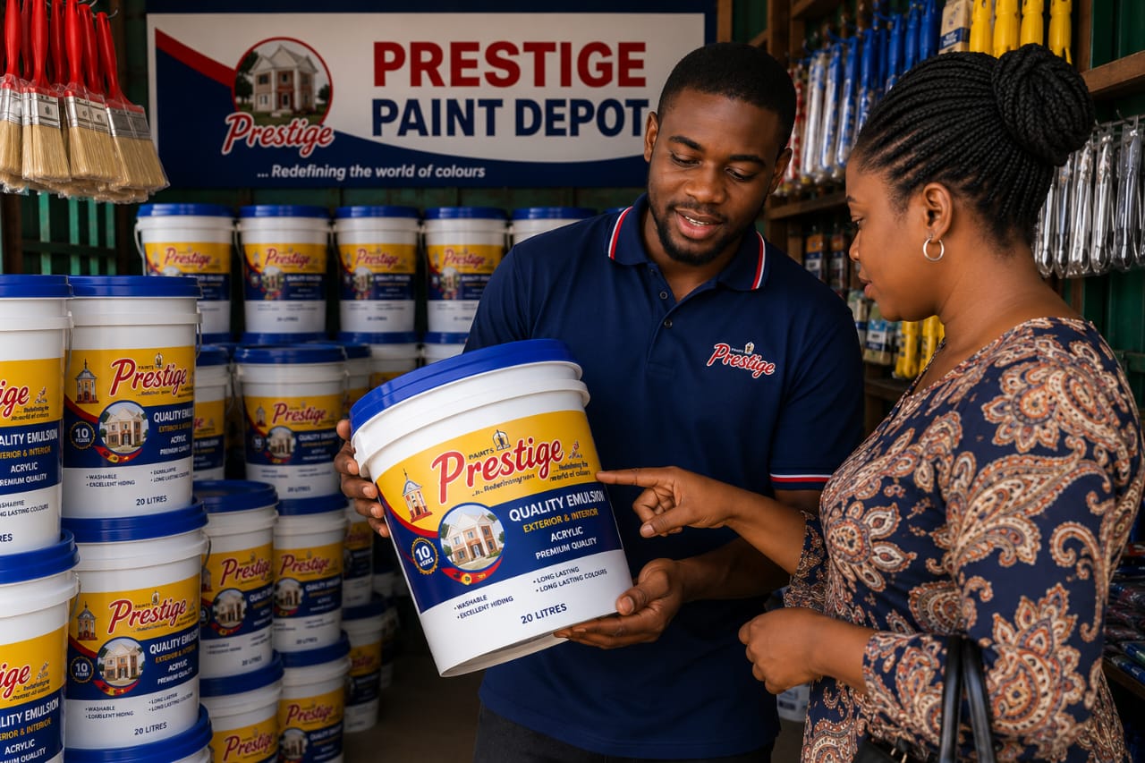 Prestige Paint Depot staff helping customer choose the right paint
