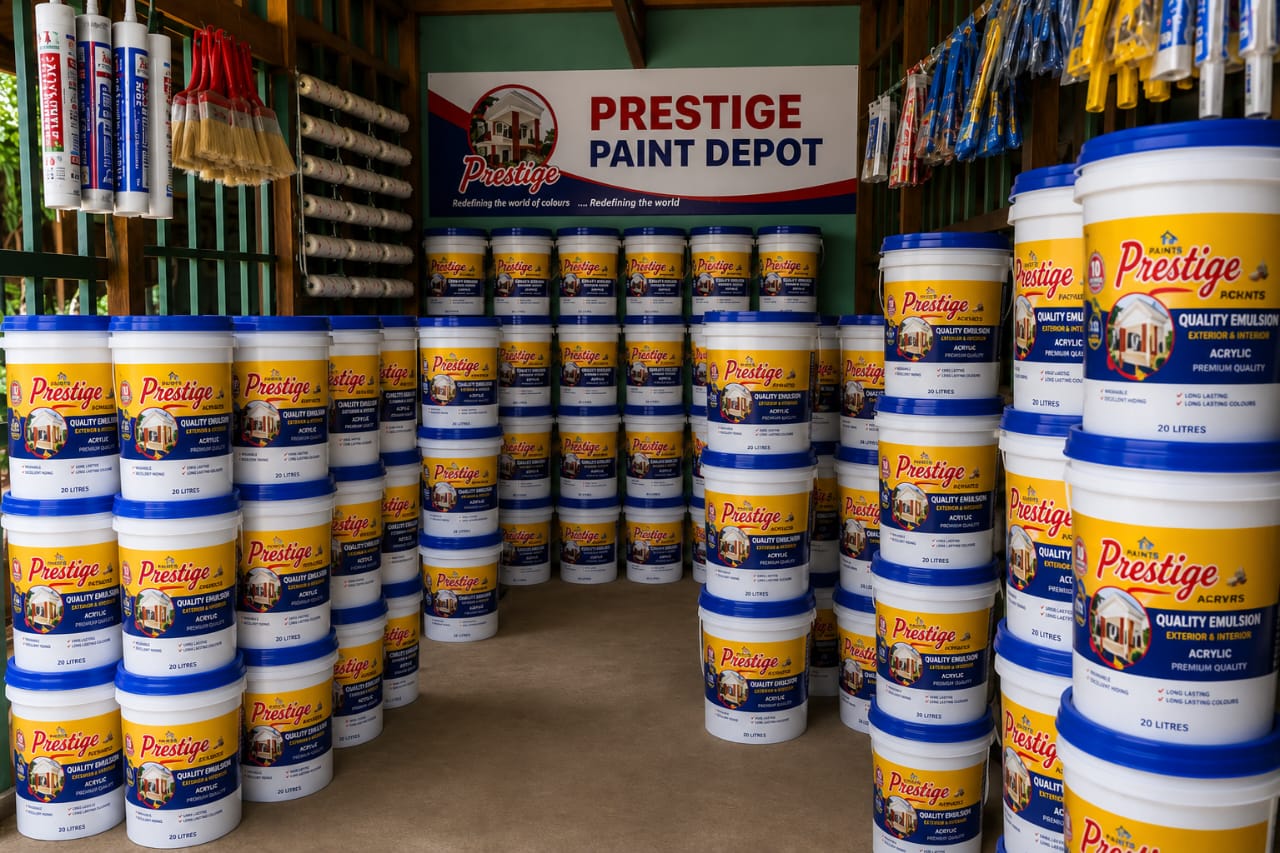 Inside Prestige Paint Depot showing full stock of quality paints